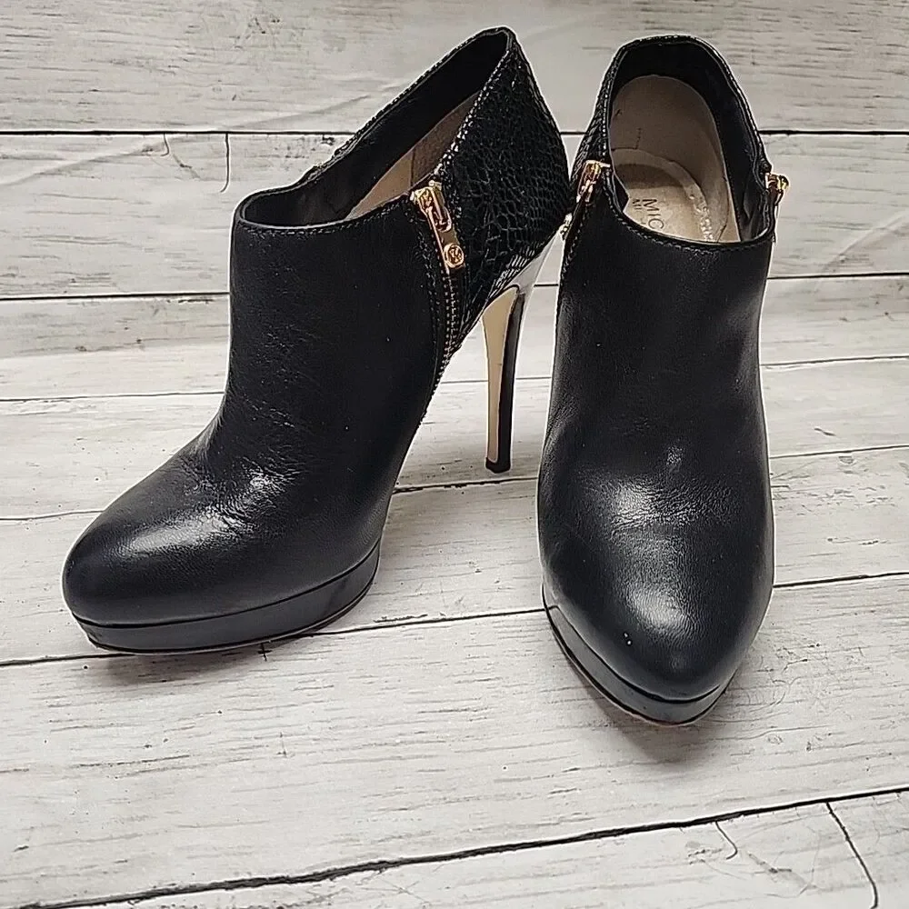 Michael Kors Womens York Boot Sz 8.5 Black Leather Stiletto Heel Platform Bootie